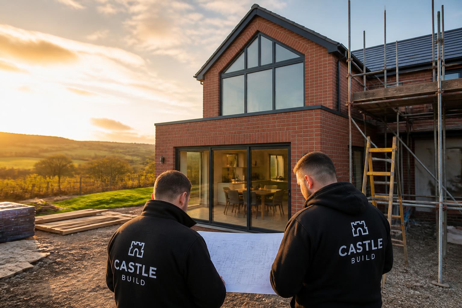 A. Dodd Construction builders reviewing plans in front of a finished two-storey brick extension at golden hour